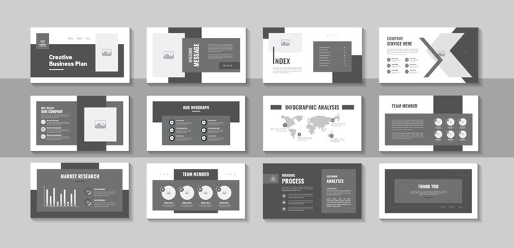Business plan presentation design layout, contemporary pitch deck template for digital brand guidelines, company portfolio, corporate report and modern interactive web banner layout set