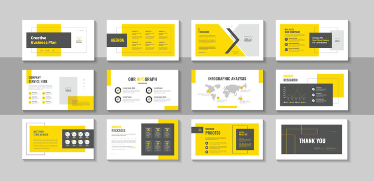 Business plan presentation design layout, contemporary and clean pitch deck template for digital brand guidelines, company portfolio, corporate report and modern professional agency layout