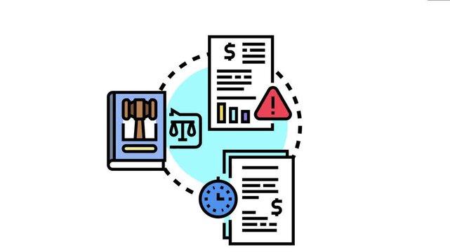Asset liquidation process flowchart financial reports, legal proceedings with scale and gavel, and time constraints for debt resolution