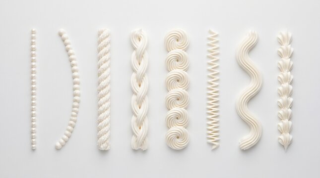 White buttercream frosting piping techniques, decorative cake icing borders and swirls, sweet whipped cream textures on white background