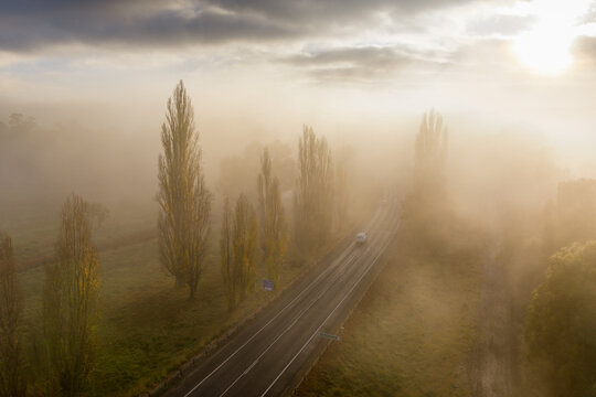 Car travelling on a country road shrouded in dense morning fog