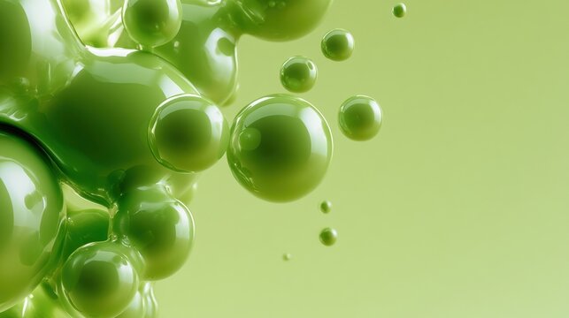Green metaball fluid shapes come together in an abstract design with a smooth appearance. Soft forms create a modern look with space for text.
