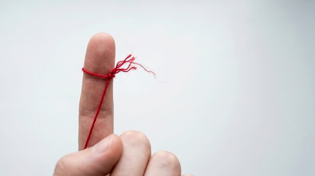 Red string tied around index finger on white background, memory reminder and important task reminder concept