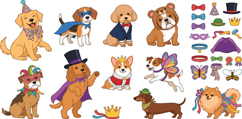 Obraz premium Cute cartoon puppies wearing funny party costumes vector element set isolated on white background digital illustration