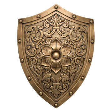 Ornate bronze medieval shield featuring intricate floral relief carvings and studded edges isolated on a transparent background