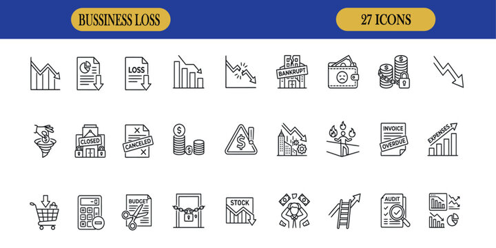 A comprehensive collection of business and finance loss themed vector icons and illustration for professional design projects