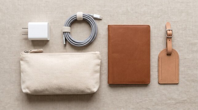 Travel essentials laid out flat on textured background