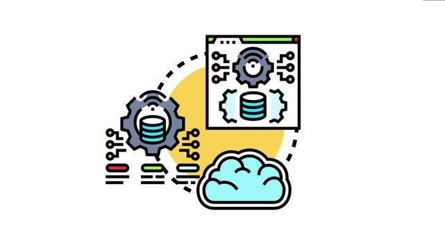 Information technology systems rollout concept data migrating between a browser interface with gears. A central server or database. And a cloud computing network for business development