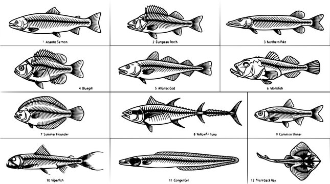 Fish skeletons set with detailed line drawings featuring Atlantic salmon, European perch, Northern pike with skeletal structure and anatomical details