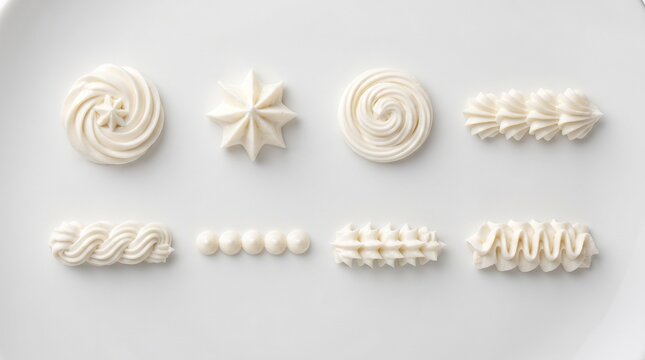 White whipped cream swirls and piped frosting shapes. Collection of 8 decorative butter cream icing elements. Sweet dessert toppings on white background.