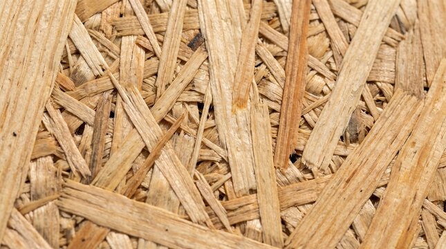 Macro view of oriented strand board texture showcasing compressed wood flakes and natural timber fibers for construction material and carpentry use.