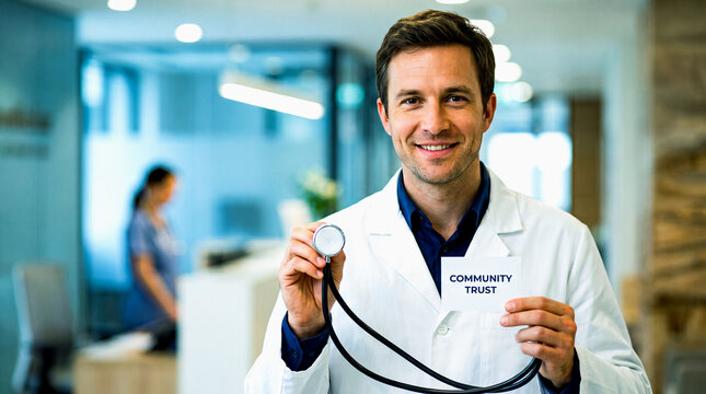 Friendly doctor holding stethoscope and community trust sign representing professional medical care commitment and patient relationship building in clinic.