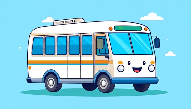 Colorful vintage bus with blue and yellow stripes.