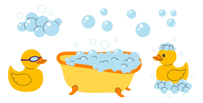Yellow rubber ducks with bathtub full of bubbles and floating soap bubbles around. Flat vector illustration