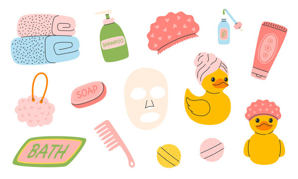 Bathroom spa accessories with rubber ducks, towels, soap, shampoo, comb and face mask. Flat vector illustration