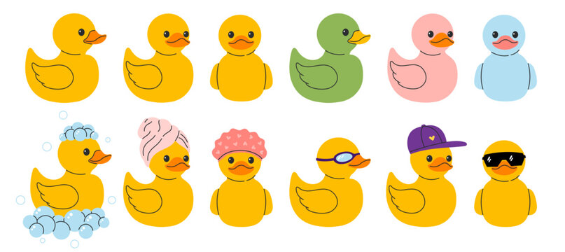 Set of ten yellow rubber ducks in different colors, poses and accessories like towel, goggles and cap. Flat vector illustration