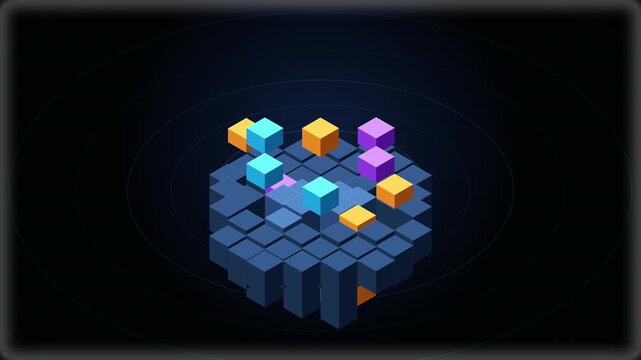 Looping abstract 3d animation of colorful cubes and square pipes moving vertically on a dark digital background