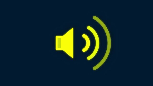 Animated yellow glowing volume speaker icon emitting sound waves on dark blue background