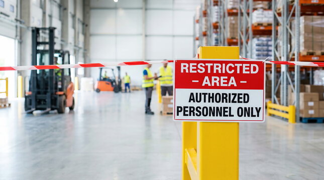 Warehouse safety restricted area sign with warning tape in logistics facility with workers and forklifts, industrial workplace security concept.