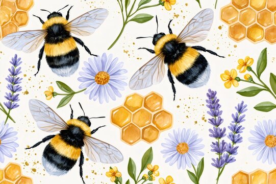Bumble bees flying around lavender flowers and honeycomb