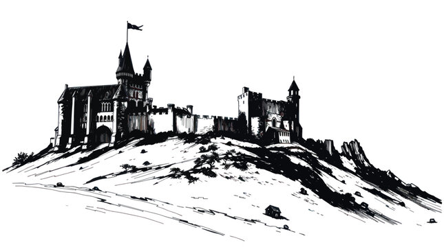 Monochromatic Handdrawn Illustration of an Ancient Medieval Castle with Gothic Architecture on a Rugged Hillside for Fantasy Designs