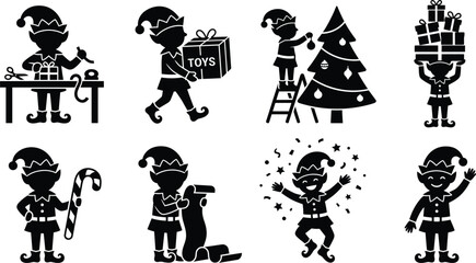 Naklejka premium Silhouettes of elves decorating a christmas tree and carrying gifts on a white background elf
