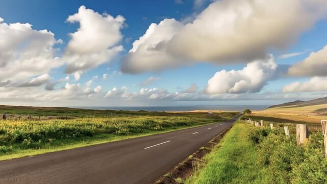 Yellow Wildflowers Blooming Beside Paved Road under Blue Sky on Easter Island, Valparaiso, Chile. Time Lapse Video