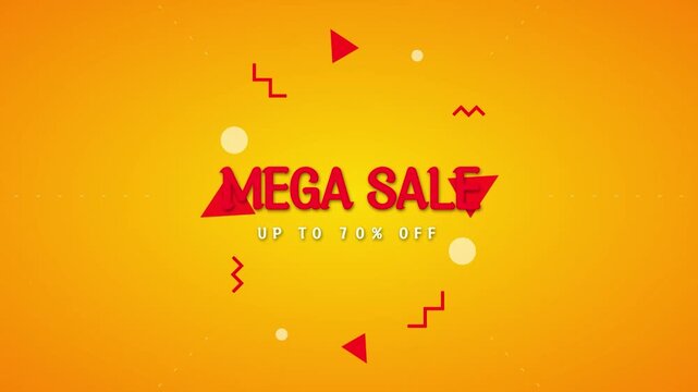 Animated red Mega Sale up to 70 percent off text with floating geometric shapes on yellow background