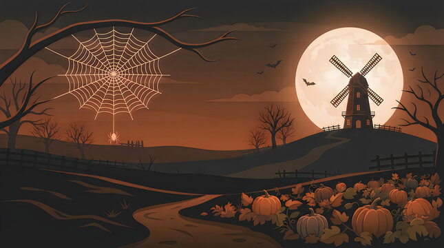 Halloween spooky landscape, autumn scenery, pumpkin patch field, full moon, silhouette windmill, glowing spiderweb, seasonal vector illustration, dark nature background