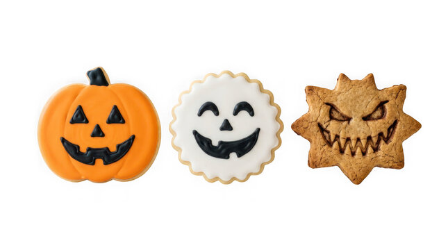 Three halloween cookies shaped like a pumpkin, a ghost, and a monster isolated on transparent background