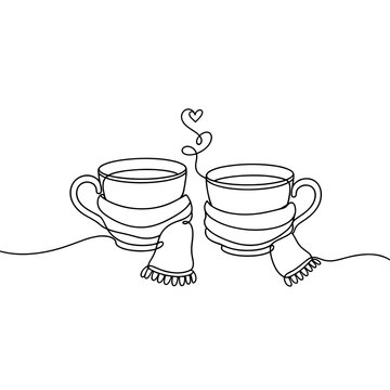 Cozy teacups wrapped in warm scarves with heart steam continuous line art, couple of cups inc scarves single line on transparent background