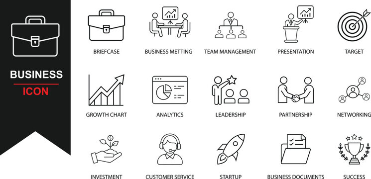 Business Management and Corporate Office Outline Icon Set Collection