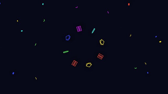 Animated neon education and graduation icons spinning with colorful confetti on dark background