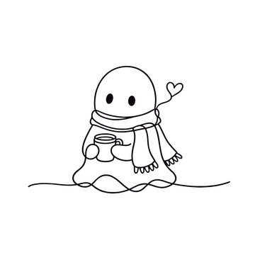 Adorable ghost wrapped in cozy scarf holding warm mug continuous line art, cute Halloween character