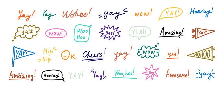 Funky Doodle Bubble Speech with Yay Text Sticker Set. Yay Typography Balloon Sticker Kit. Playful Hurray Speechbubble Chat Collection. Handdrawn Vector Illustration