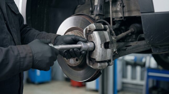 Mechanic removing and replacing brake rotor on a car in auto workshop
