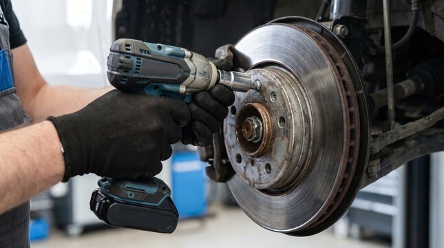 Auto mechanic using electric impact wrench to repair car brake disc in workshop