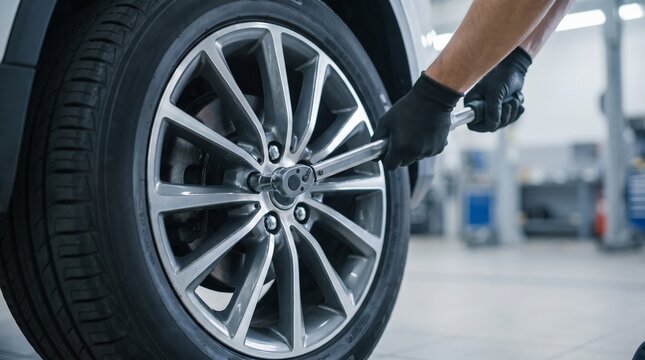 Professional Car Mechanic in Black Gloves Changing Tire Wheel with Torque Wrench in Auto Repair Shop