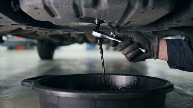 Mechanic Draining Dirty Engine Oil from Car Underbody into a Catch Basin during Maintenance Service