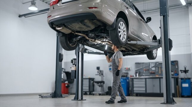 Professional Mechanic Inspecting Undercarriage of Car Raised on Lift in Auto Repair Shop