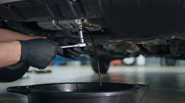 Mechanic hands draining dirty engine oil from car oil pan into container during maintenance in auto garage