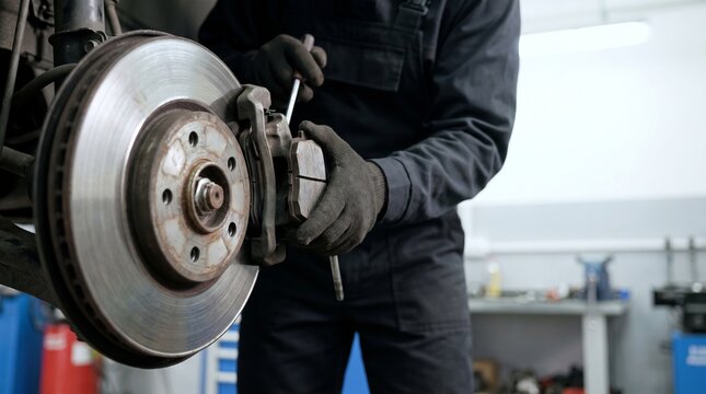 Professional auto mechanic replacing brake pads on a car disc brake system in a workshop garage