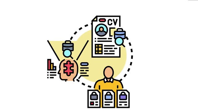 Job candidate profile concept presenting a human head with a puzzle piece representing skills, a person evaluating cvs and locked documents, symbolizing recruitment and employment