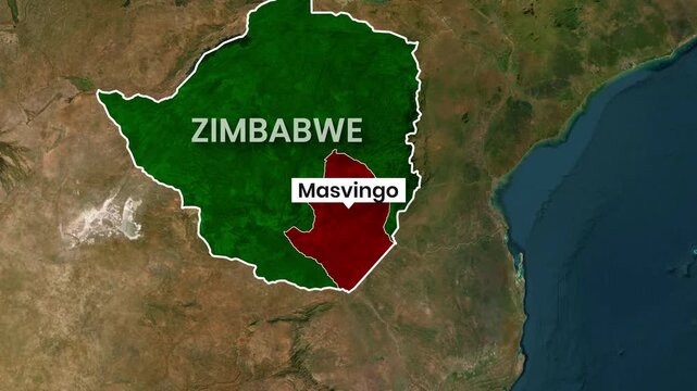 Animated map footage highlighting Masvingo province within Zimbabwe