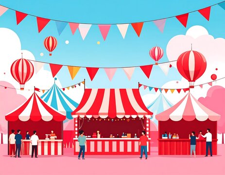 Vibrant Carnival Festival Scene with Red and White Striped Tents and Decorations.
