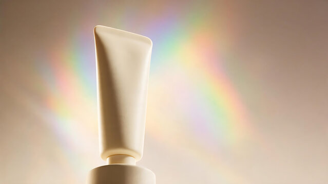 Cream tube stands illuminated by a vibrant rainbow spectrum creating a soft ethereal aesthetic cosmetic beauty product lotion ointment pastel light illumination reflection prism color