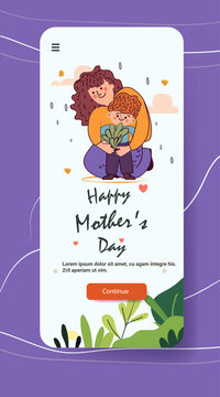Mother's Day mom hugging child holding plant cartoon characters hearts leaves clouds mobile app screen template