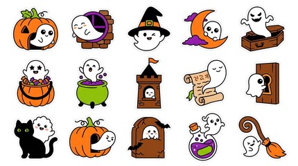 Fototapeta premium Set of cute cartoon ghosts celebrating halloween with pumpkins cats witches hats and cauldrons on white background