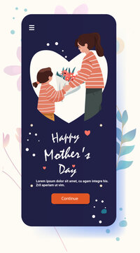 Mother's Day mom and daughter gift flowers heart shape background mobile app screen dark blue orange accents