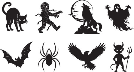 Naklejka premium Halloween Horror Silhouette Collection with Black Cat, Mummy, Werewolf, Ghost, Bat, Spider, Raven and Devil